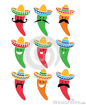 Chili pepper in Mexican Sombrero hat with mustache icons Stock Photo