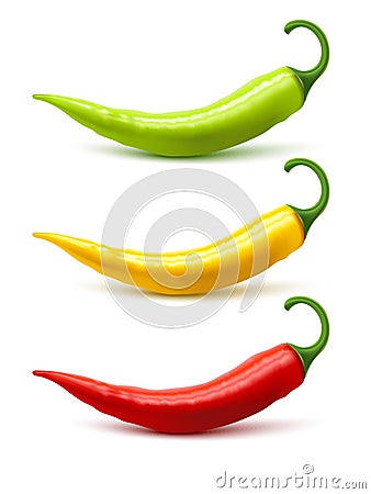 Chili Pepper Pods Set Realistic Shadow Vector Illustration