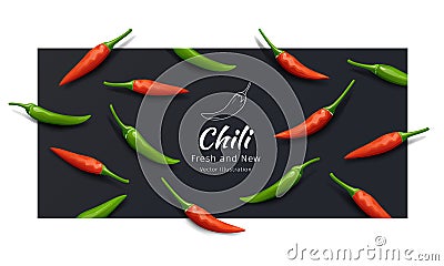 Chili pepper red and green fresh and new pattern, realistic design on balck background, Eps 10 Vector Illustration