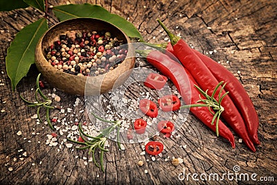 Chili pepper, salt, herbs. Stock Photo