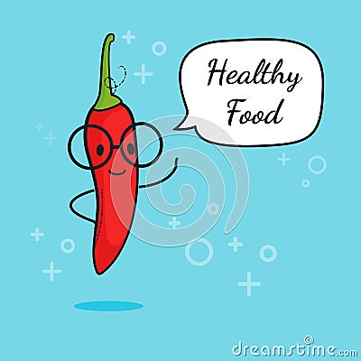 Chili pepper with speech bubble. Balloon sticker. Cool vegetable. Vector illustration. Chili pepper clever nerd character. Healthy Cartoon Illustration