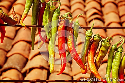 Chili peppers dryin on sun with background of tiled roof of village Stock Photo