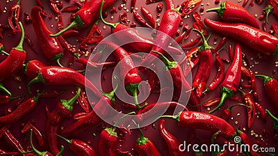 Chili peppers pattern overcrowded. Photorealism. Stock Photo