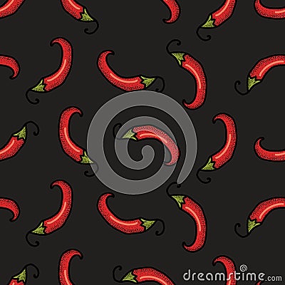 Chili peppers seamless pattern. Spice black background. Vector Illustration