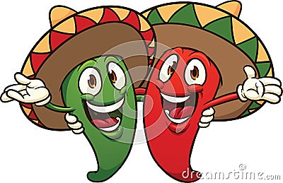 Chili peppers wearing sombreros. Vector Illustration