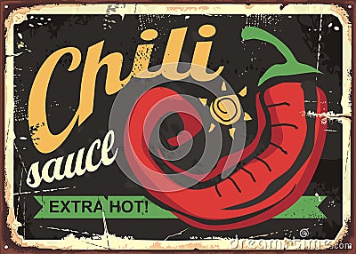 Chili sauce retro tin sign template design Vector Illustration