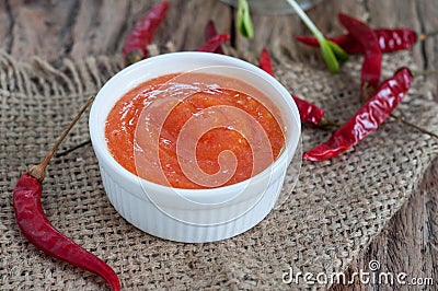 Chili sauce in white bowl Stock Photo