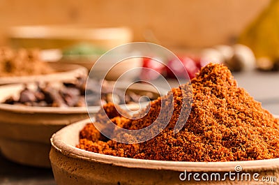 Chili spice powder in a bowl - Close up Stock Photo