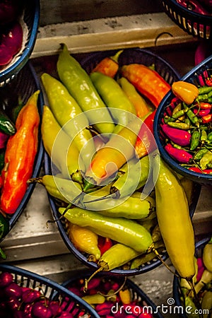 Chili varieties in a market Stock Photo