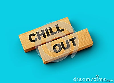 Chill Out Text On Wooden Blocks Isolated On Blue Background, 3d illustration Stock Photo