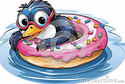Chill penguin with stylish sunglasses relaxing on a colorful donut shaped float in the sparkling sea Stock Photo