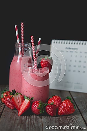chill and relax time with strawberry smoothie with wood background and copy space Stock Photo