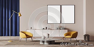 Chill room interior with seats and coffee table. Dresser and mockup frames Stock Photo