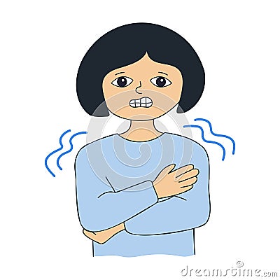 Chill symptom or shaking with cold concept. Sick girl. Chills due to colds, viral diseases Vector Illustration