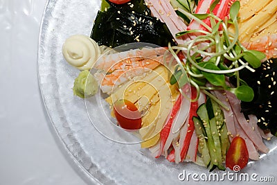 chilled cold cool somen noodle. japanese food with ham egg seawe Stock Photo