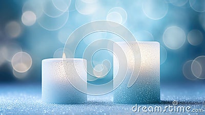 Cold Forest Landscape with Blue Candle Elements, Bokeh-Defined Scene Stock Photo