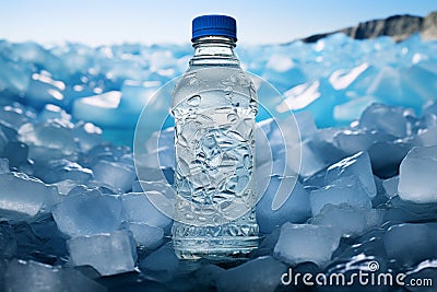 Chilled refreshment Water bottle presented on a bed of ice Stock Photo
