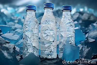 Chilled refreshment Water bottle presented on a bed of ice Stock Photo