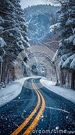 Chilled road exploration Travelers embarking on scenic winter road journeys Stock Photo