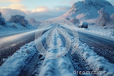 Chilled road exploration Travelers embarking on scenic winter road journeys Stock Photo