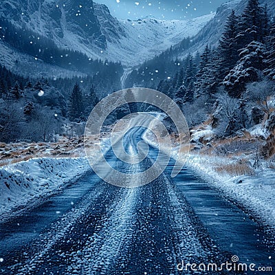 Chilled road exploration Travelers embarking on scenic winter road journeys Stock Photo