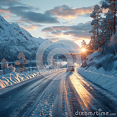 Chilled road exploration Travelers embarking on scenic winter road journeys Stock Photo