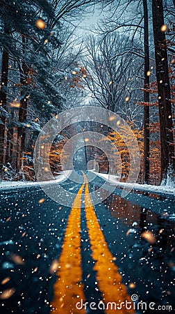 Chilled road exploration Travelers embarking on scenic winter road journeys Stock Photo