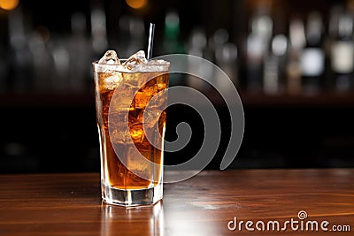 chilled soda with ice and a straw in a clear tall glass Stock Photo