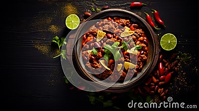 Chilli con carne soup on a dark background top view. Mexican food. Healthy food concept Stock Photo