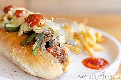 Chilli Hotdog with Frech Fries Stock Photo