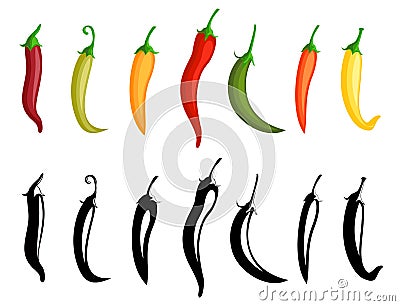 Chilli pepper. Hot red, green and yellow chili peppers. Isolated mexican spices, vector paprika icon signs. Chilli Vector Illustration