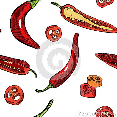 Chilli pepper sketch seamless pattern.Vintage ink hand drawn vector of different peppers on white background.Great for Vector Illustration
