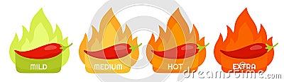 Chilli pepper spicy hot meter. Heat levels of spice. Chili icons. Green and red flame. Cayenne flavor pictogram. Mexican Vector Illustration