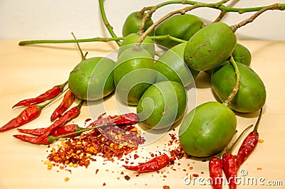 Chilli with Spondias dulcis Malaysian fruit Stock Photo