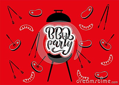 Chillin` and grillin` BBQ chalkboard sign . Hand drawn typography lettering BBQ party. Barbecue grill with tongs and forks, Stock Photo