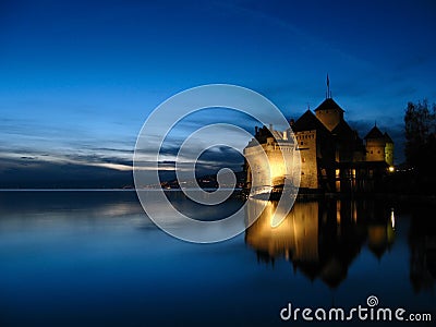 Chillon Castle 09, night, Switzerland Editorial Stock Photo