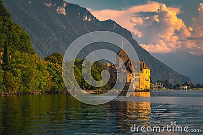 Chillon castle and lake Geneva at sunset, Montreux, Switzerland Editorial Stock Photo