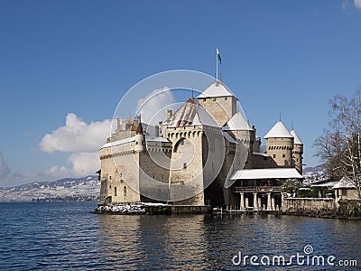 Touristic Chillon Castle in Winter with Snow Editorial Stock Photo