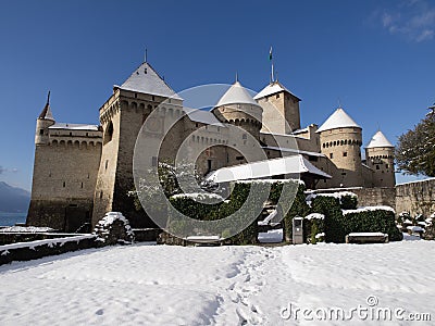 Chillon Castle in Winter with Snow Editorial Stock Photo