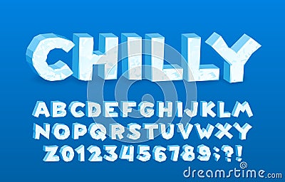 Chilly alphabet font. 3D cartoon ice letters and numbers. Vector Illustration