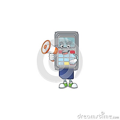 A chilly cartoon character of POS machine with a megaphone Vector Illustration