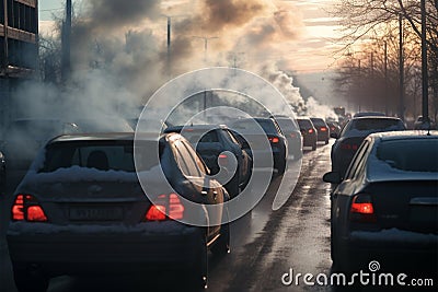 Chilly days amplify pollution as cars emit smoke in winter Stock Photo