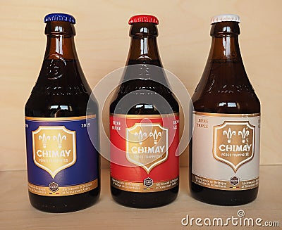 CHIMAY - CIRCA APRIL 2020: Chimay bottles of beer Editorial Stock Photo