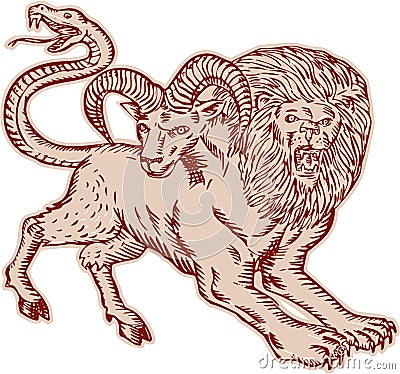 Chimera Pouncing Etching Vector Illustration