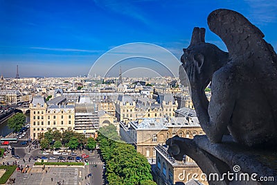 Chimere looking toward the Eiffel Tower and the district of La D Stock Photo