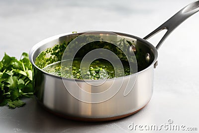 Chimichurri Sauce In Saucepan On White Background. Generative AI Stock Photo