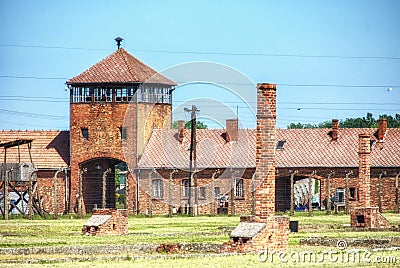 Chimney ruins at th Auschwitz- Birkenau concentration camp complex Editorial Stock Photo