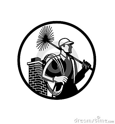 Chimney Sweep Holding Sweeper and Rope Circle Retro Black and White Vector Illustration