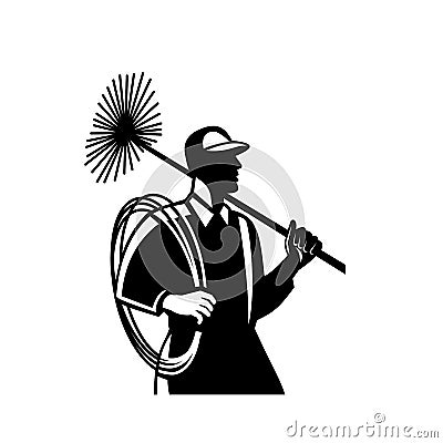 Chimney Sweep Holding Sweeper and Rope Side View Retro Black and White Vector Illustration