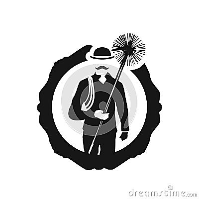 Chimney sweep with tool in uniform and chimney on the roof symbol Vector Illustration